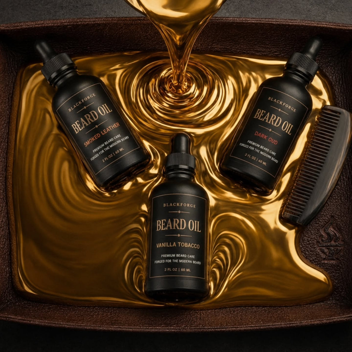 Dark Oud, Smoked Leather and Vanilla Tobacco BlackForge beard oils together