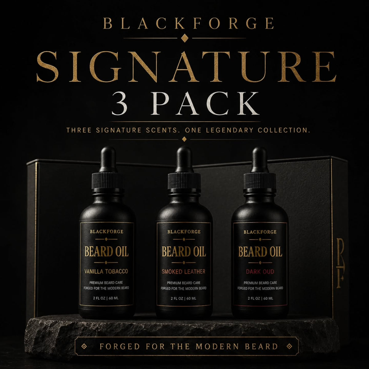 Dark Oud, Smoked Leather and Vanilla Tobacco beard oils in the Signature Bundle
