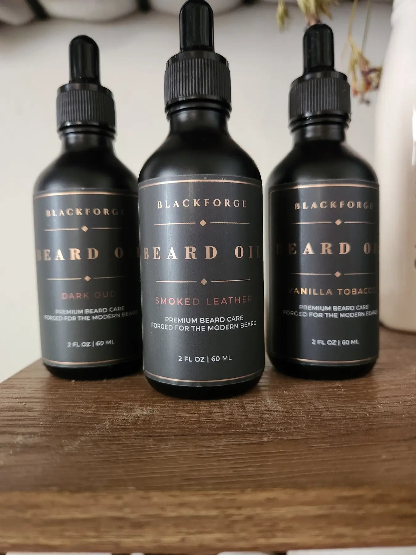 The three BlackForge beard oil scent profiles together